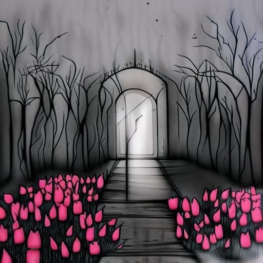 Tulips in Enchanted Forest Ink Drawing