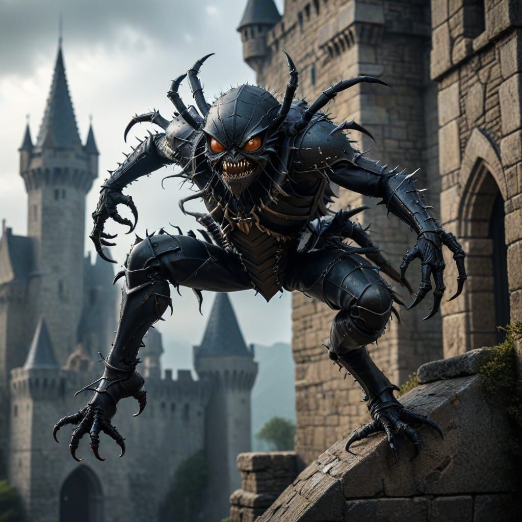 Dark Fantasy Goblin Assassin Rides Medieval Castle Spider