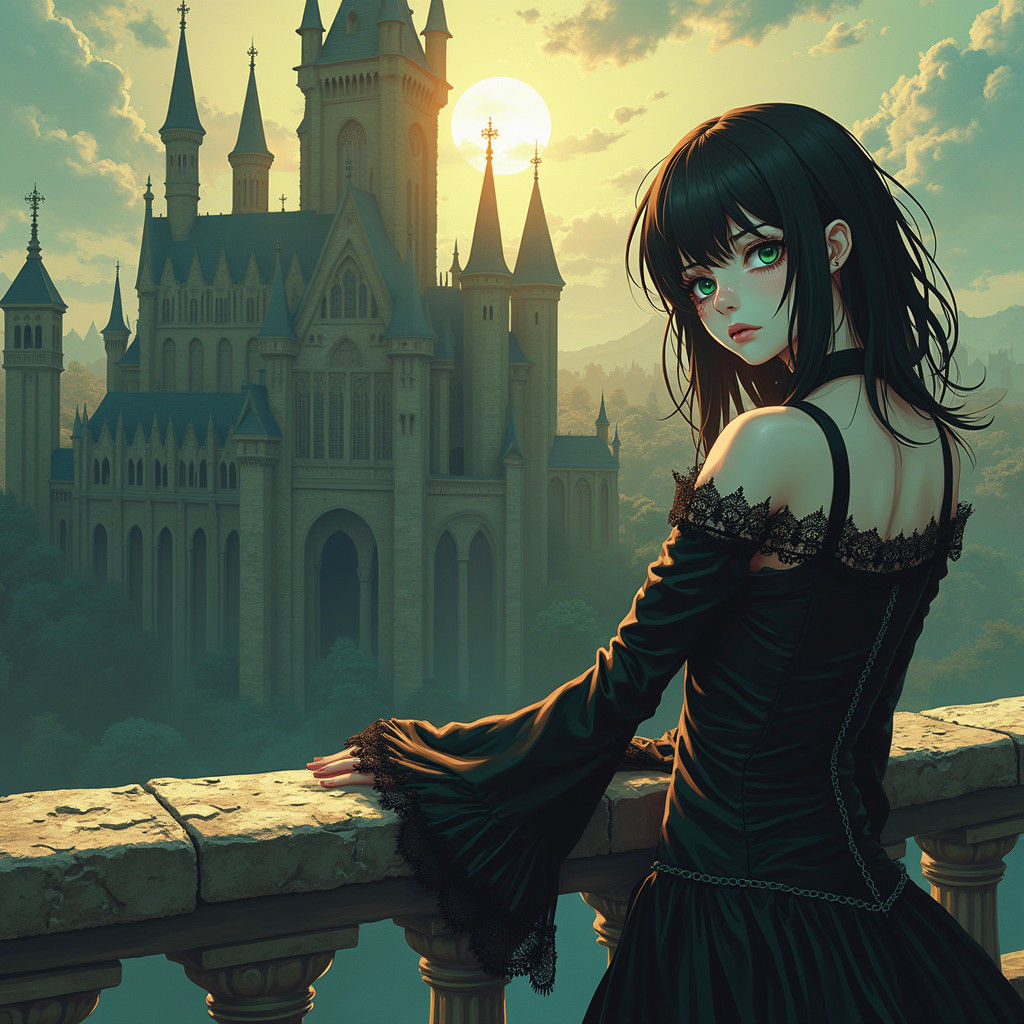 Melancholic Goth Girl in Anime Style