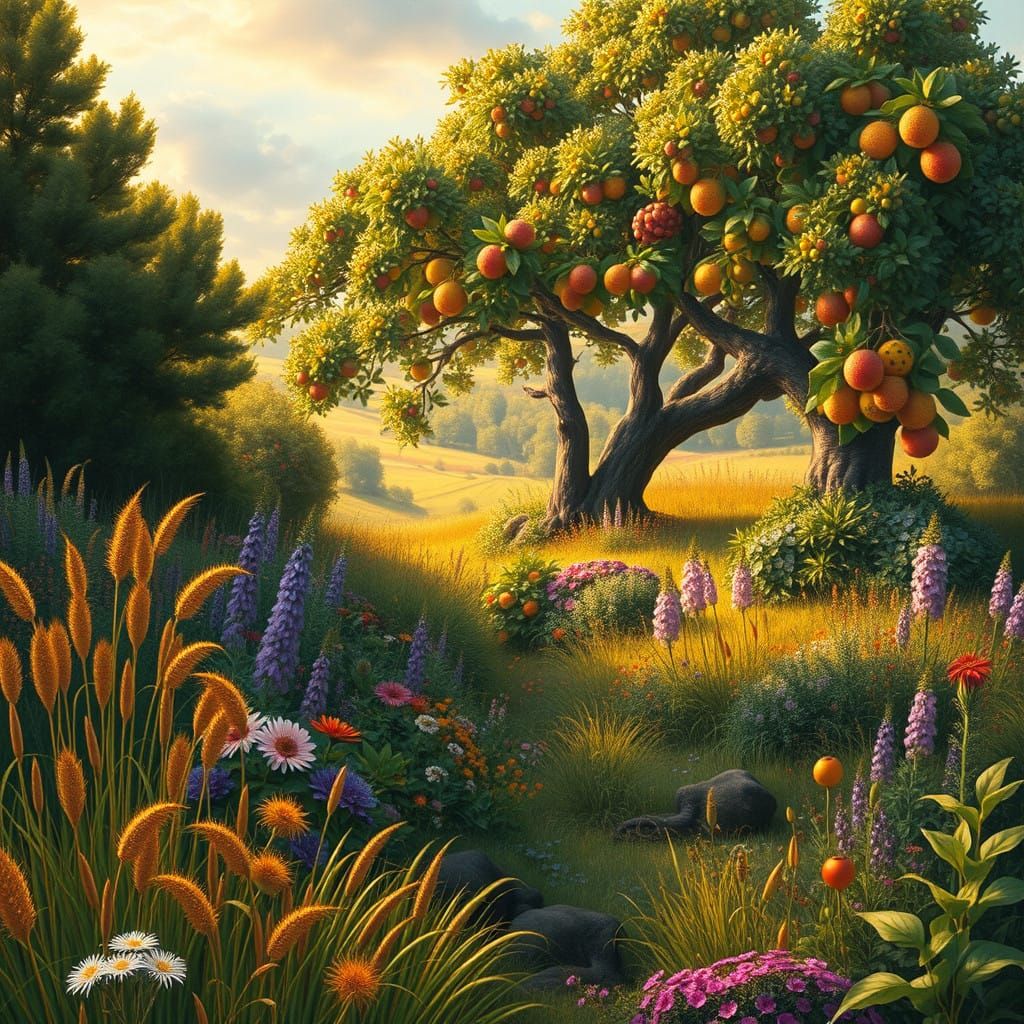 Idyllic Landscape with Vibrant Grasses and Fruitful Trees