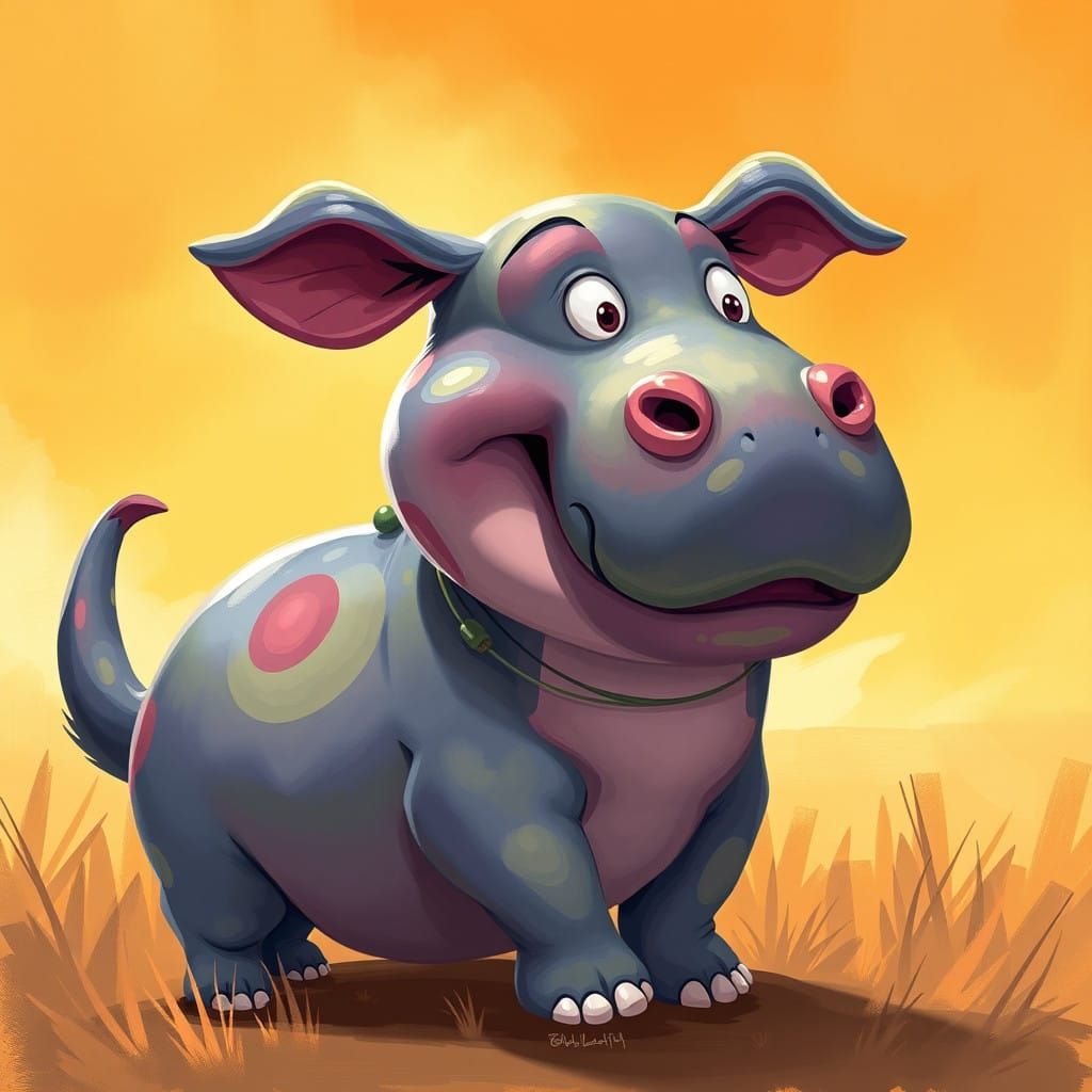 Hippo-Dog Hyrbid Roams Dreamy Savannah Landscape