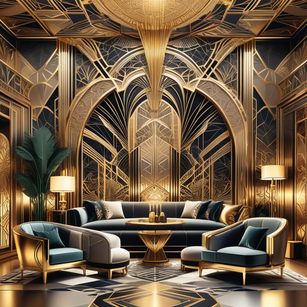 Opulent Art Deco Living Room with Geometric Patterns