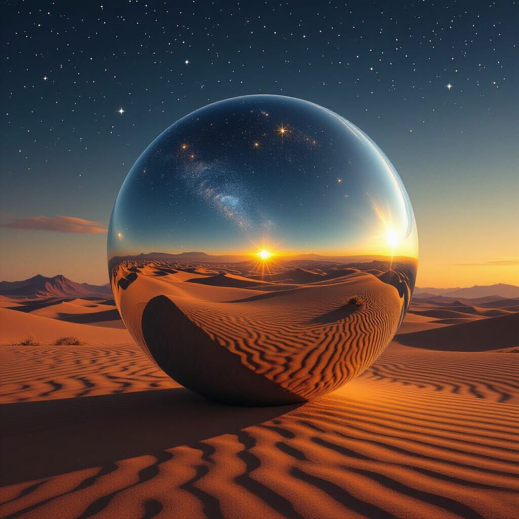 Floating Mirror Reflecting Alien Planet in Desert Sunset