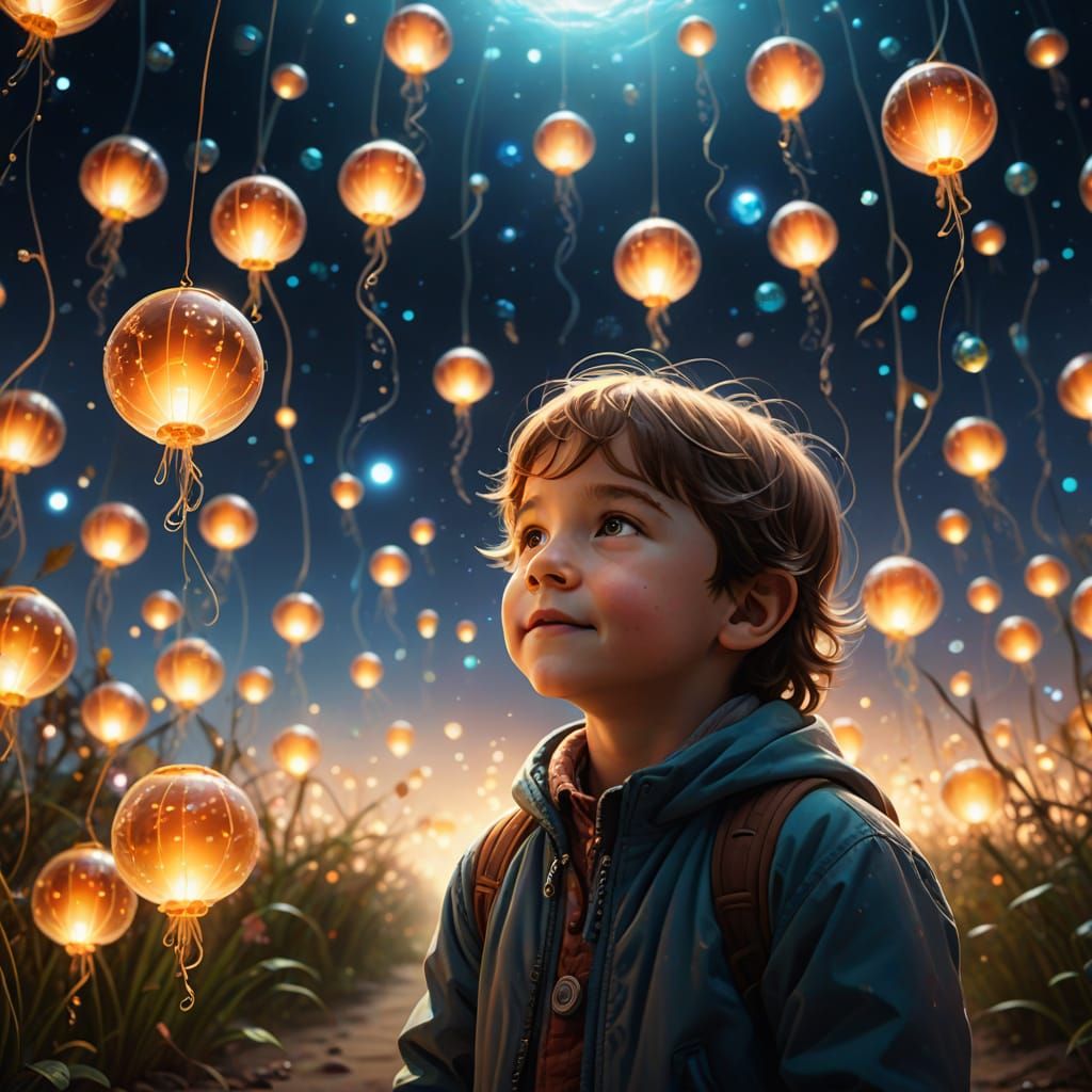 Dreamlike Child Gazing at Glowing Orbs
