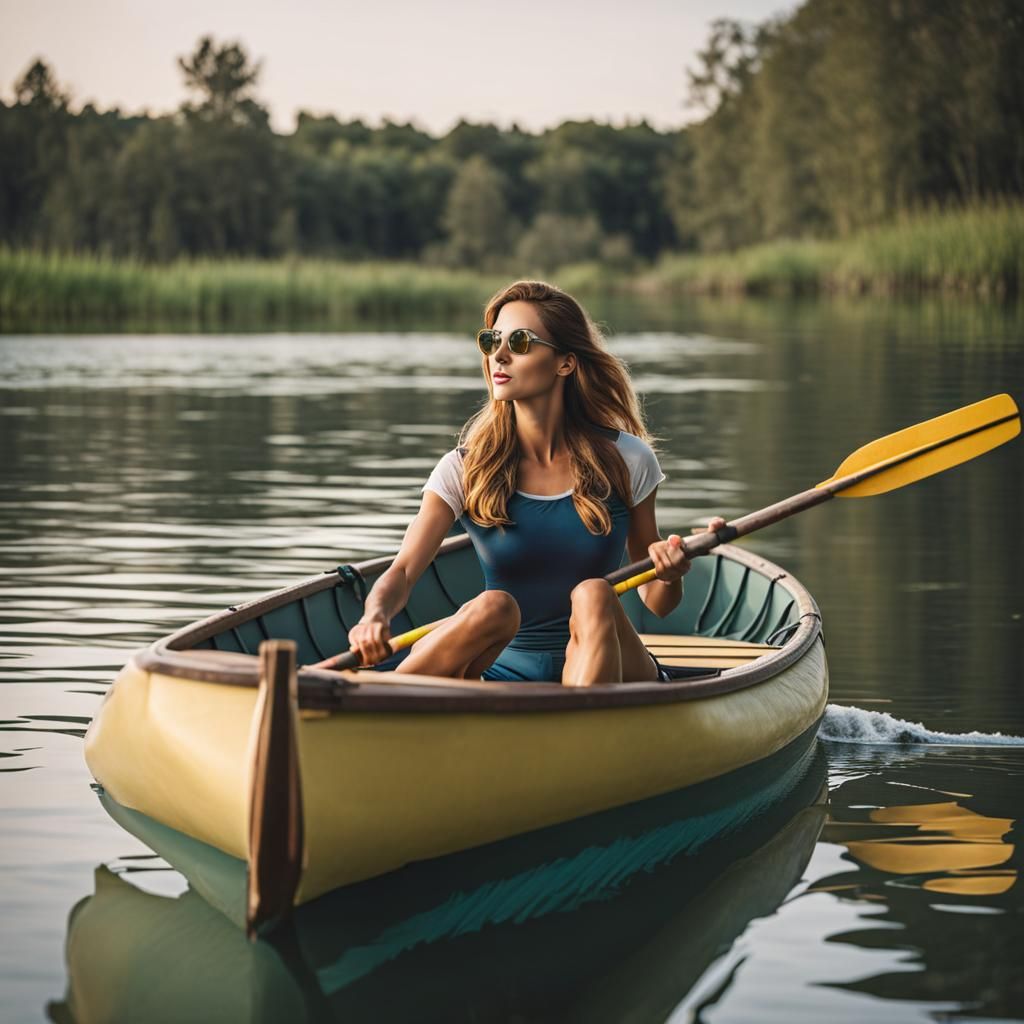 Woman Rowing Boat in Complementary Colors