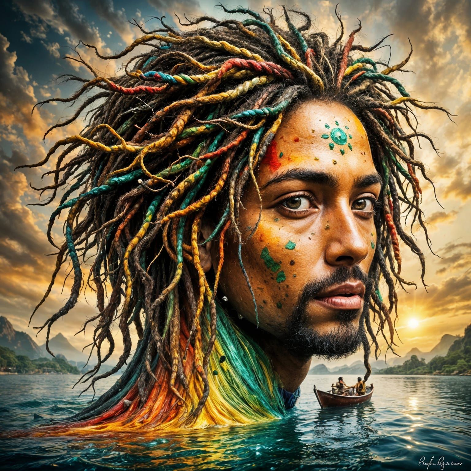 Vibrant Rasta in Abstract Punky Pixies Landscape with Red Go...