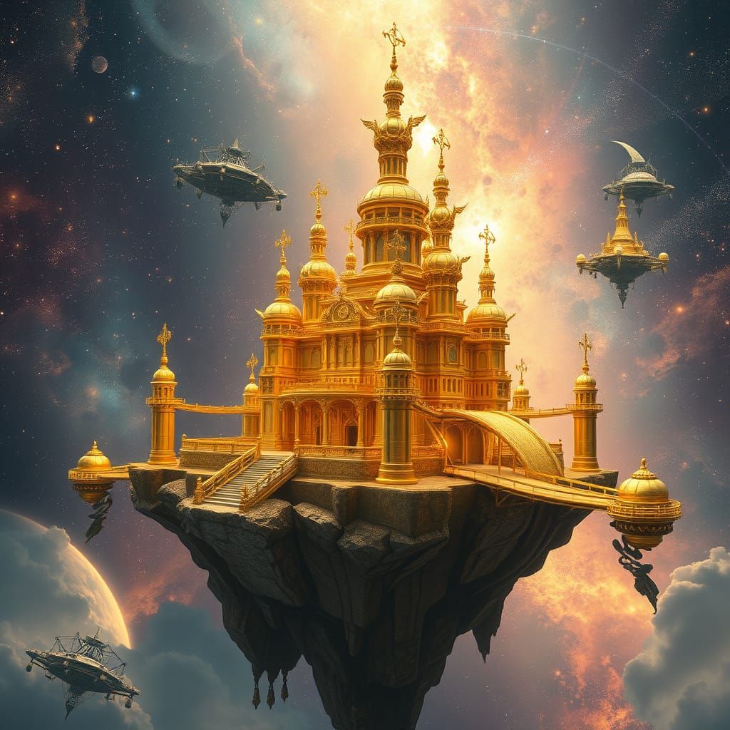 Golden Palace Floating Above Radiant Galaxy: Digital Art