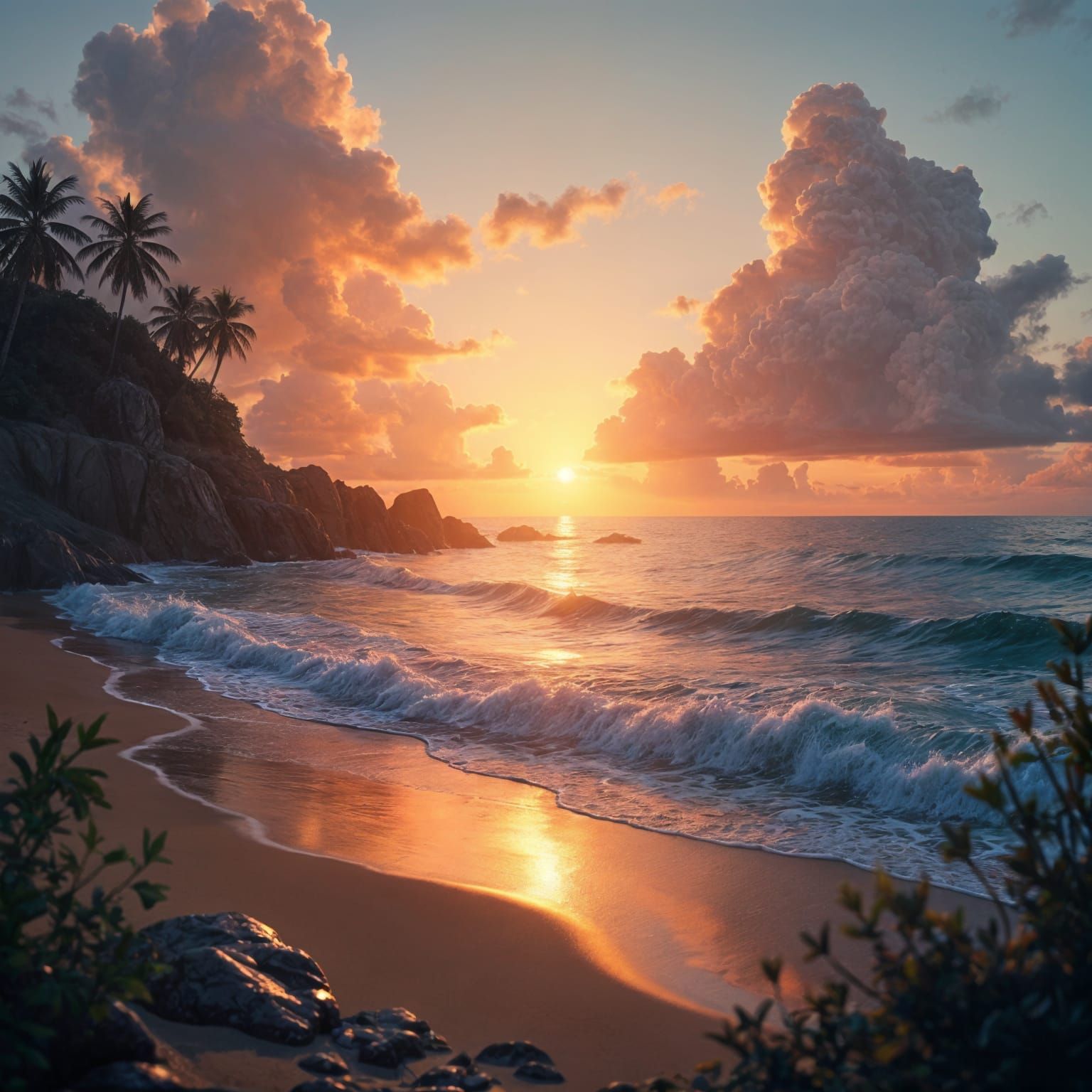 Surreal Sunset on a Tropical Beach in Realistic Oil Painting...