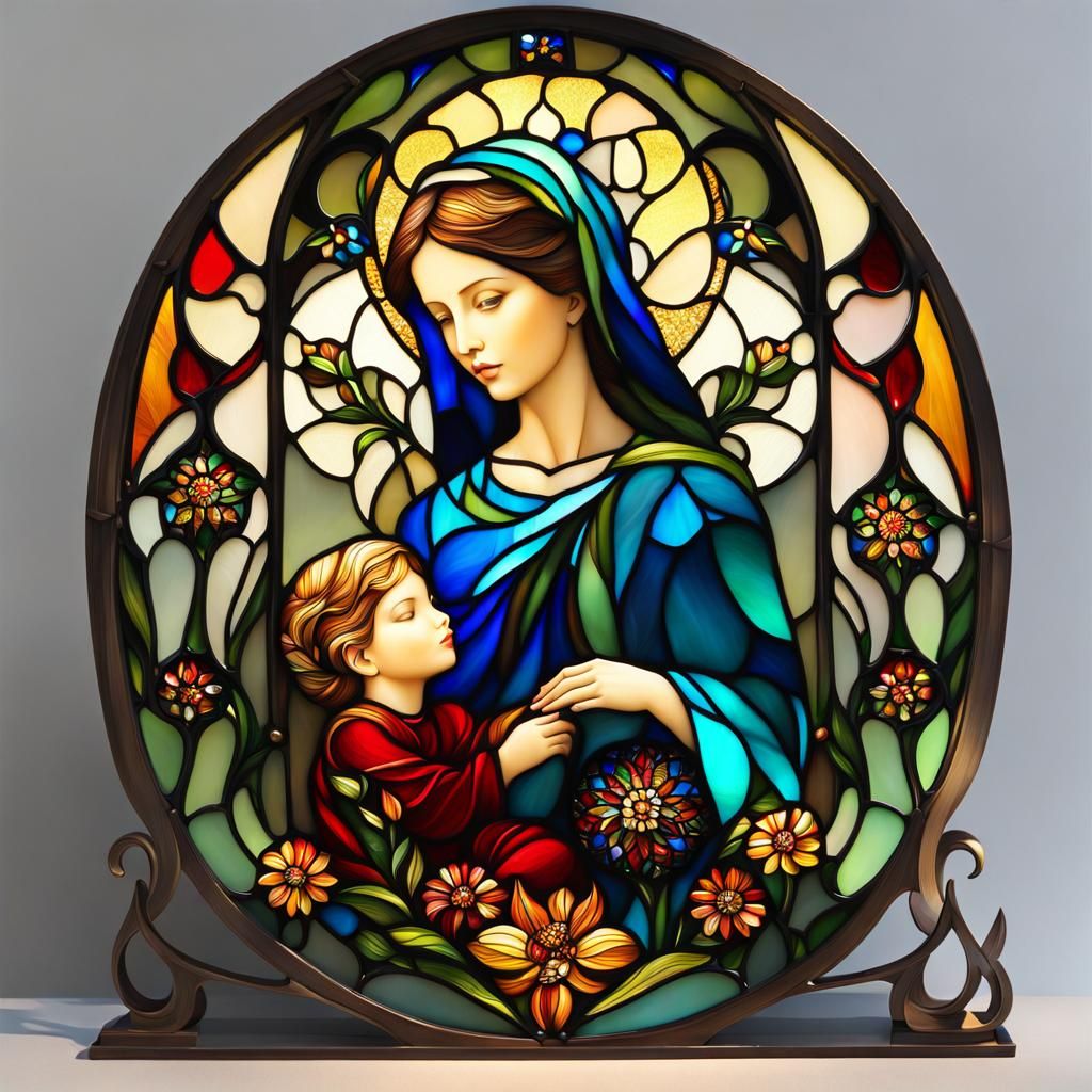 Stained Glass Mother and Child with Fractal Patterns
