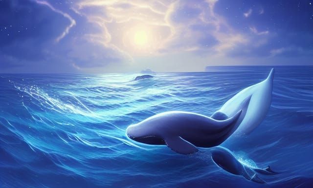 Whales Flying Above Starry Night Ocean