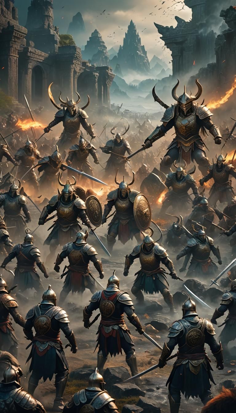 Epic Battle: Warriors Clash in Dark Fantasy Art