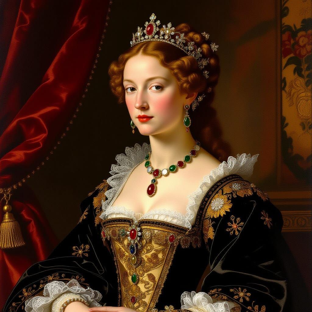 Renaissance Queen in Regal Attire with Golden Lighting