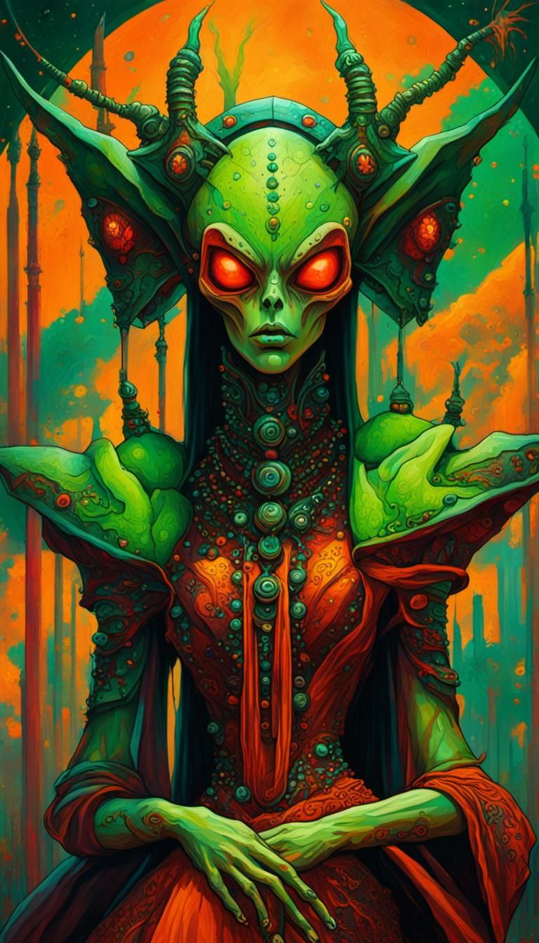 Voodoo Alien Mantid Princess in Cyberpunk Style