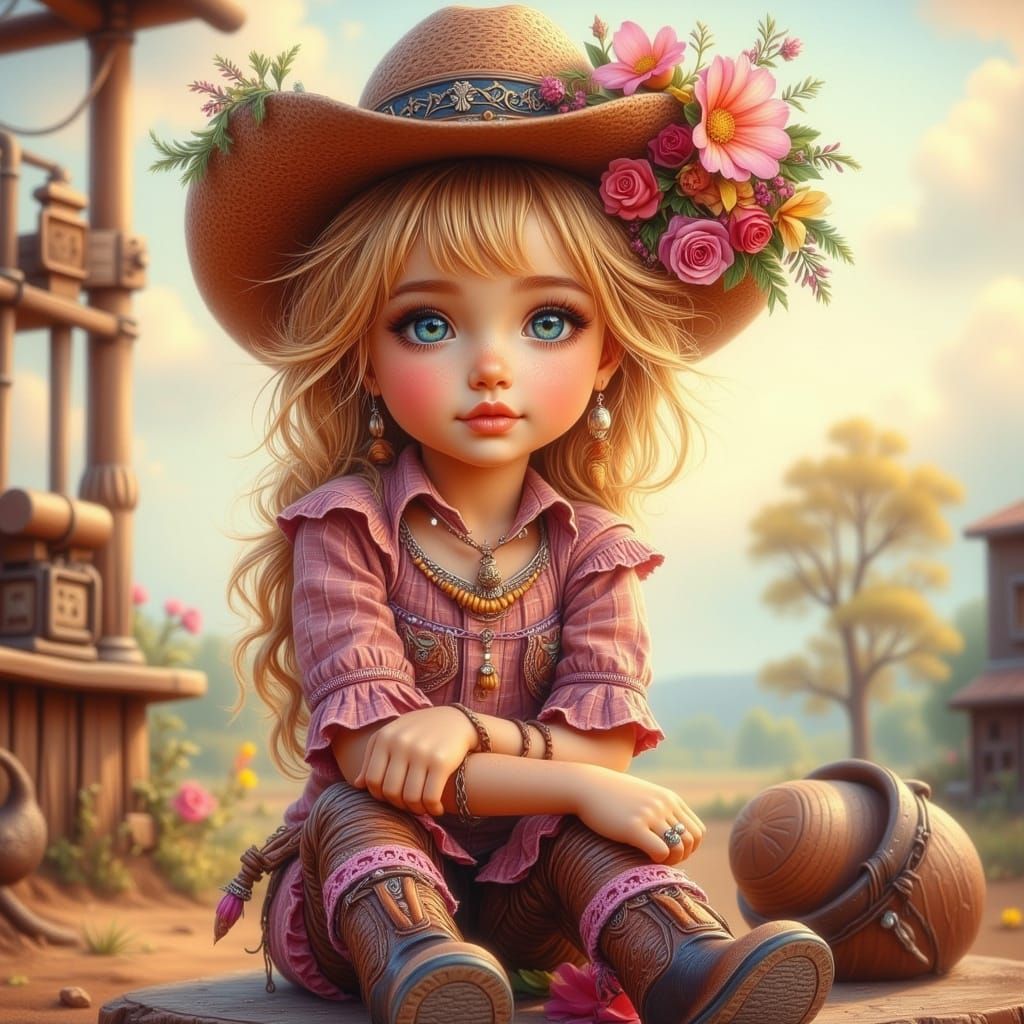 Cute Cowgirl Girl in Pink Plaid with Flower Hat