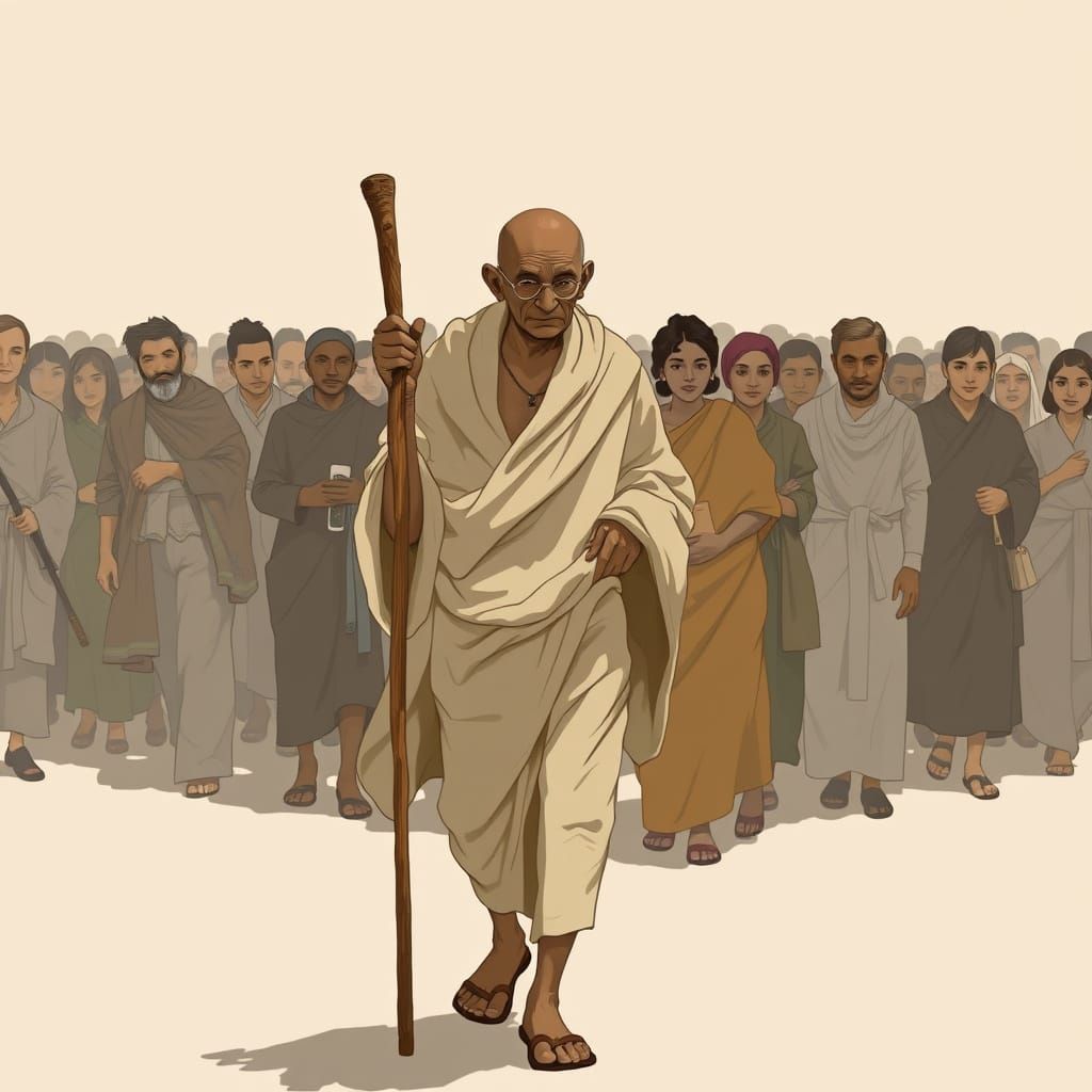 Gandhi Leading Inspired Crowd: Minimalist Art