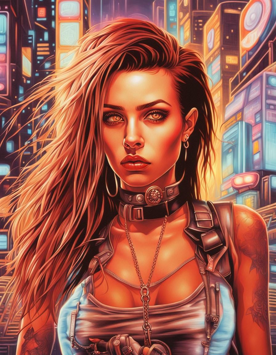 Brunette Punk Rocker in Neon Cityscape Portrait