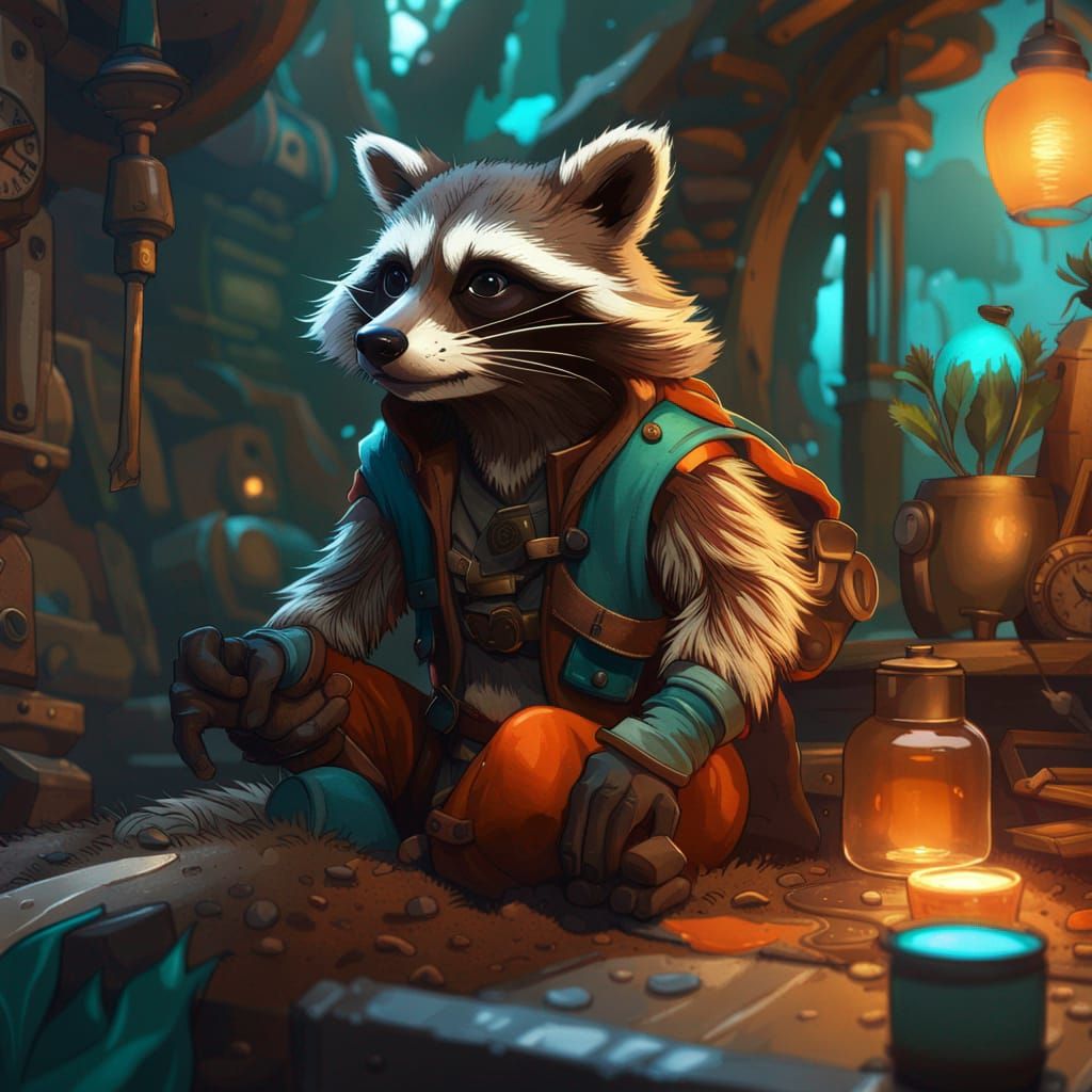 Raccoon Adventurer Concept Art in Digital Painting Style