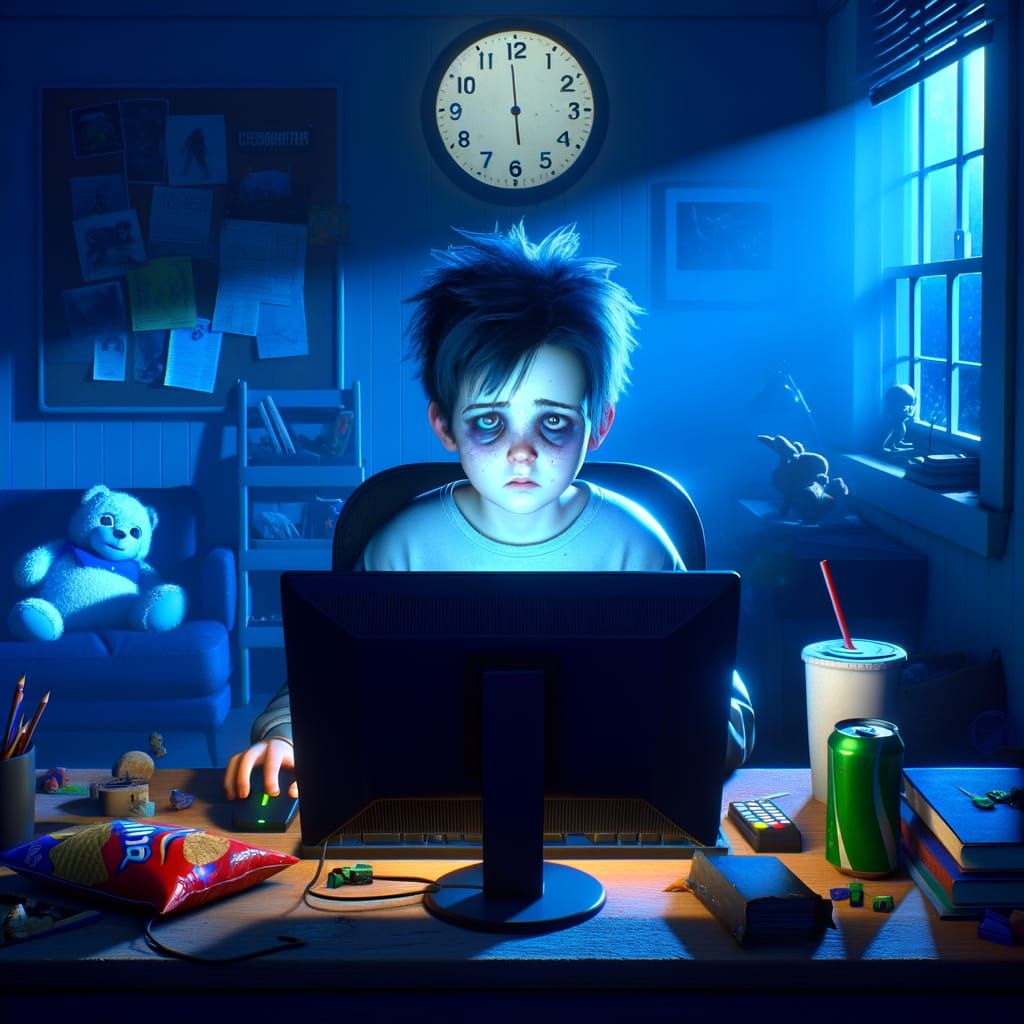 Child Lost in Video Games, Room Lit by Screen Glow