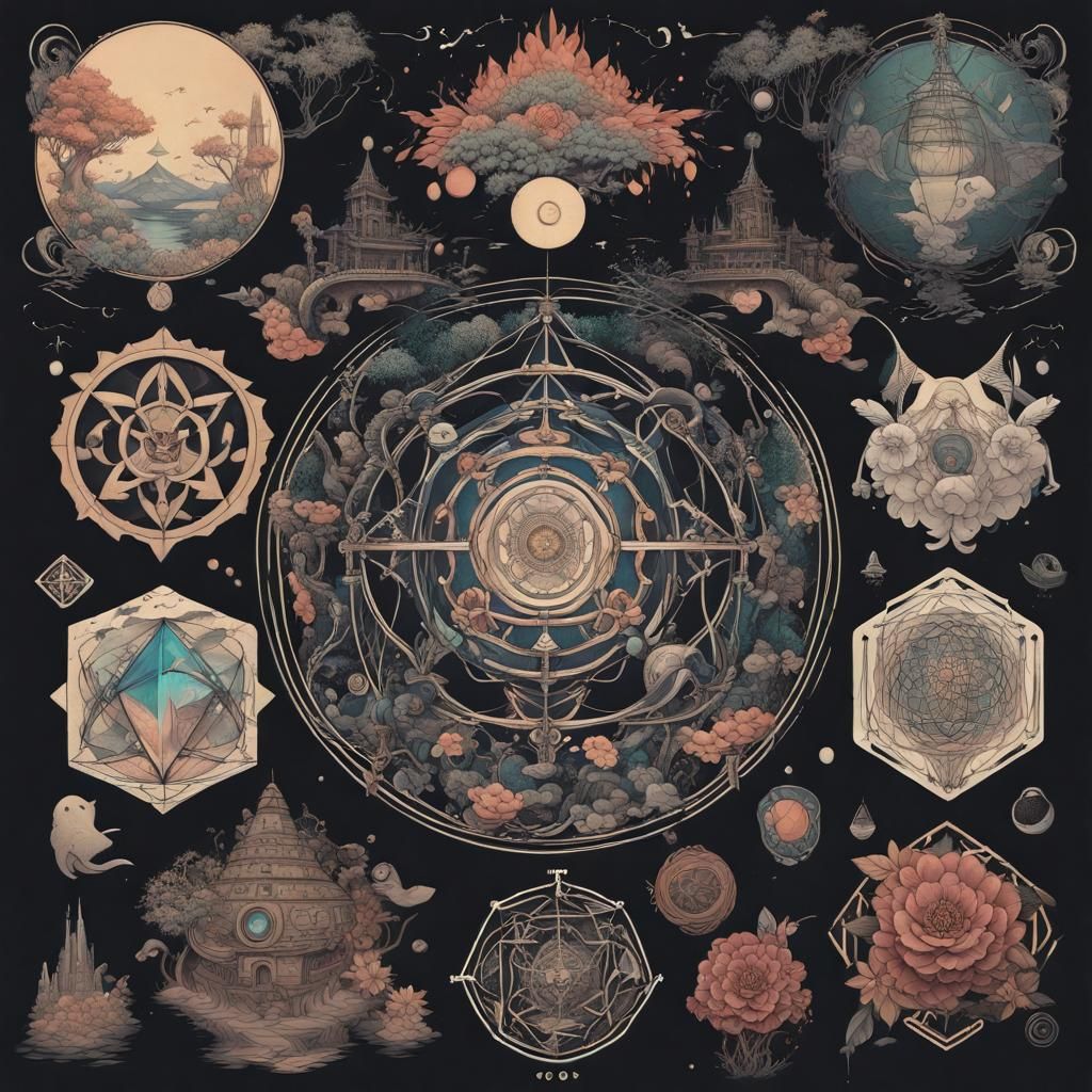 tattoo flash sheet, surreal geometric landscapes