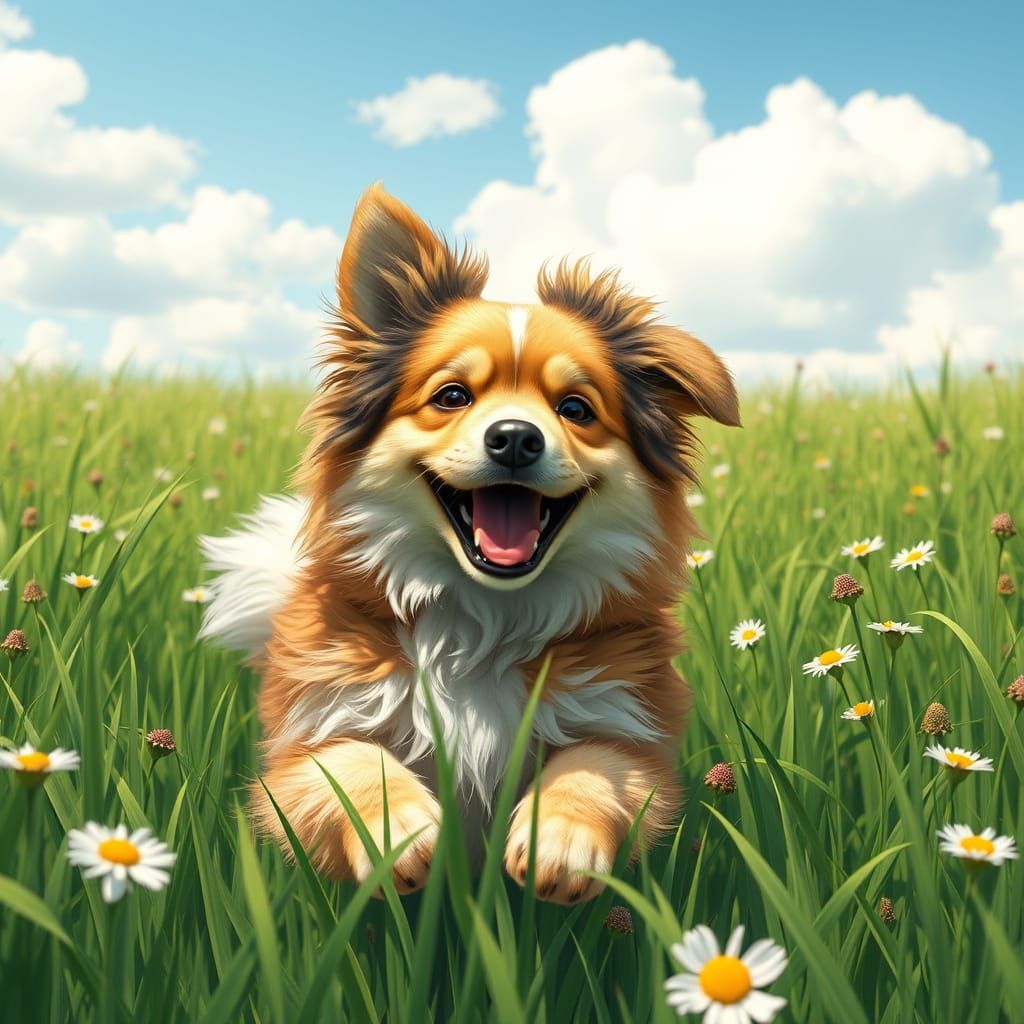 Joyful Dog in Vibrant Green Meadow