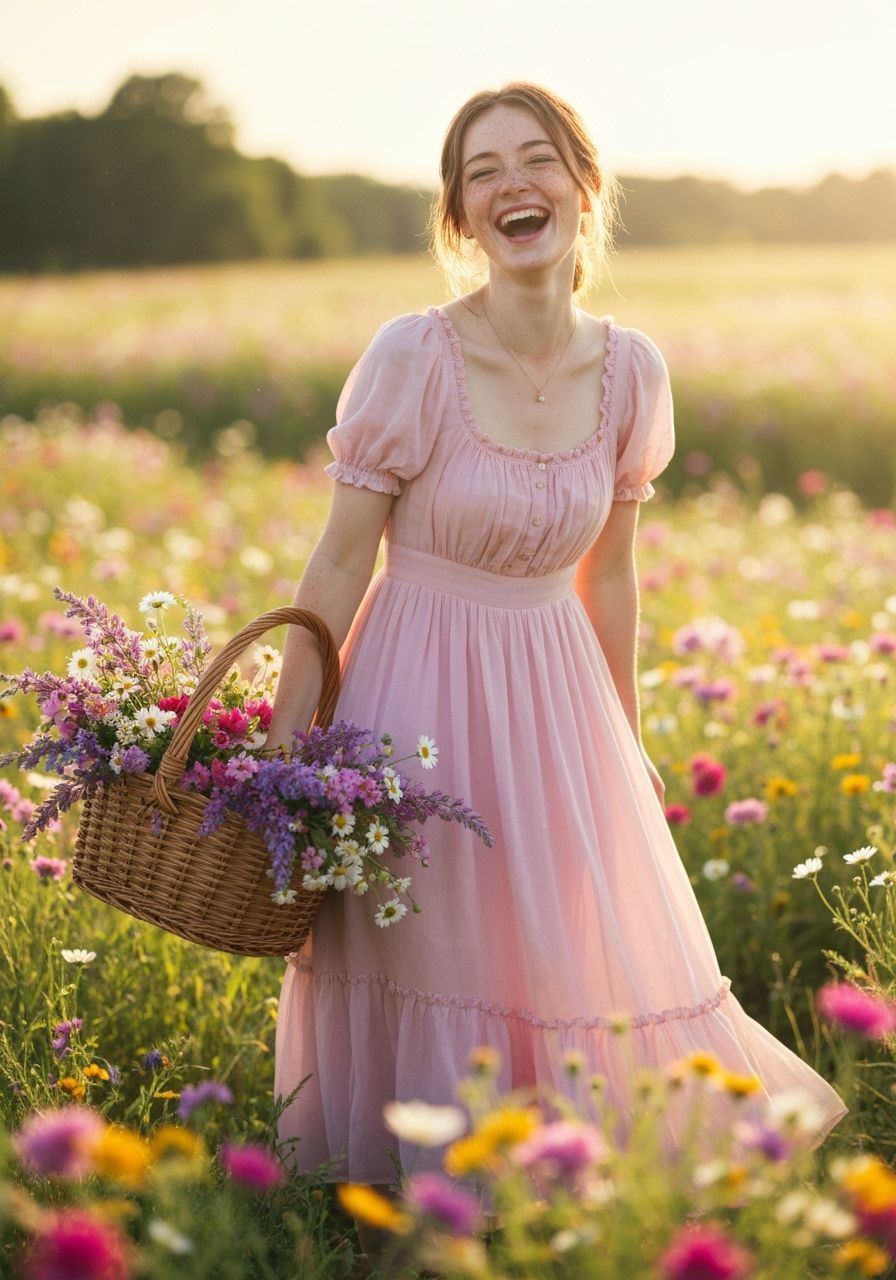 Whimsical Girl in Wildflower Field with Pastel Dress