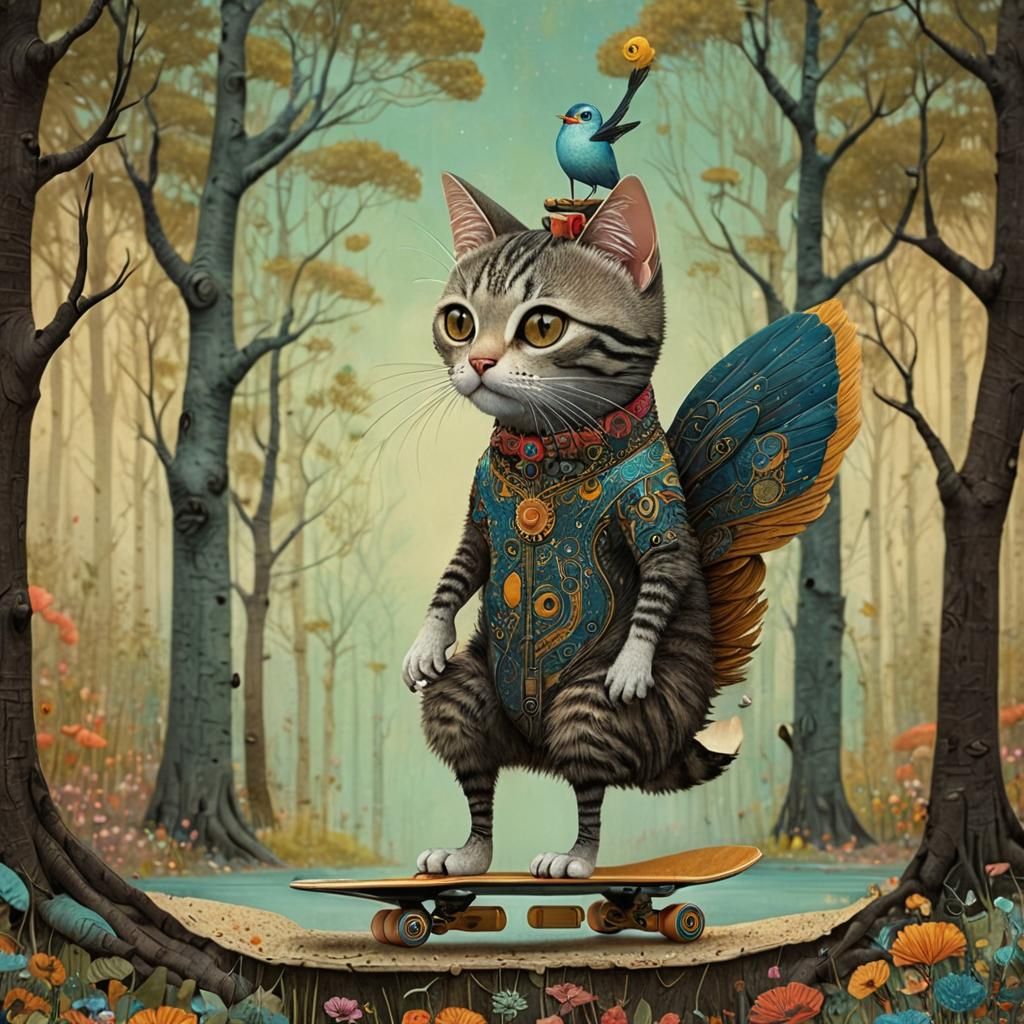 Cat on Futuristic Skateboard in Art Brut Style
