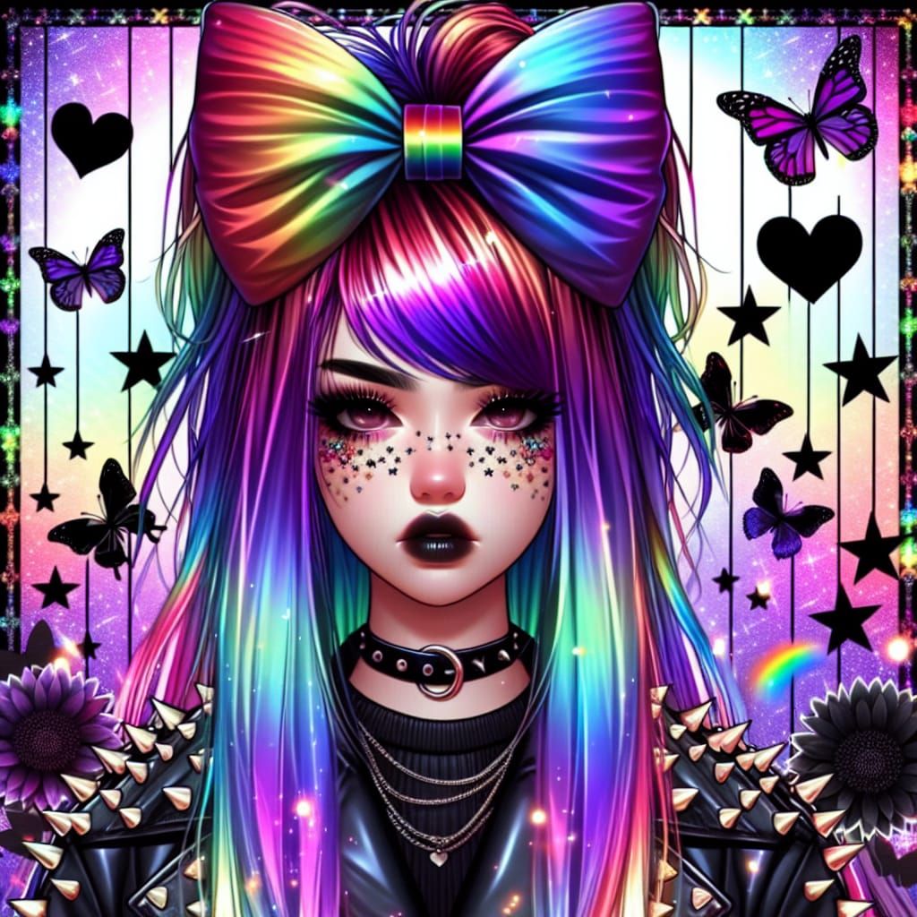 Emo Punk Woman with Rainbowcore Fashion and Bokeh