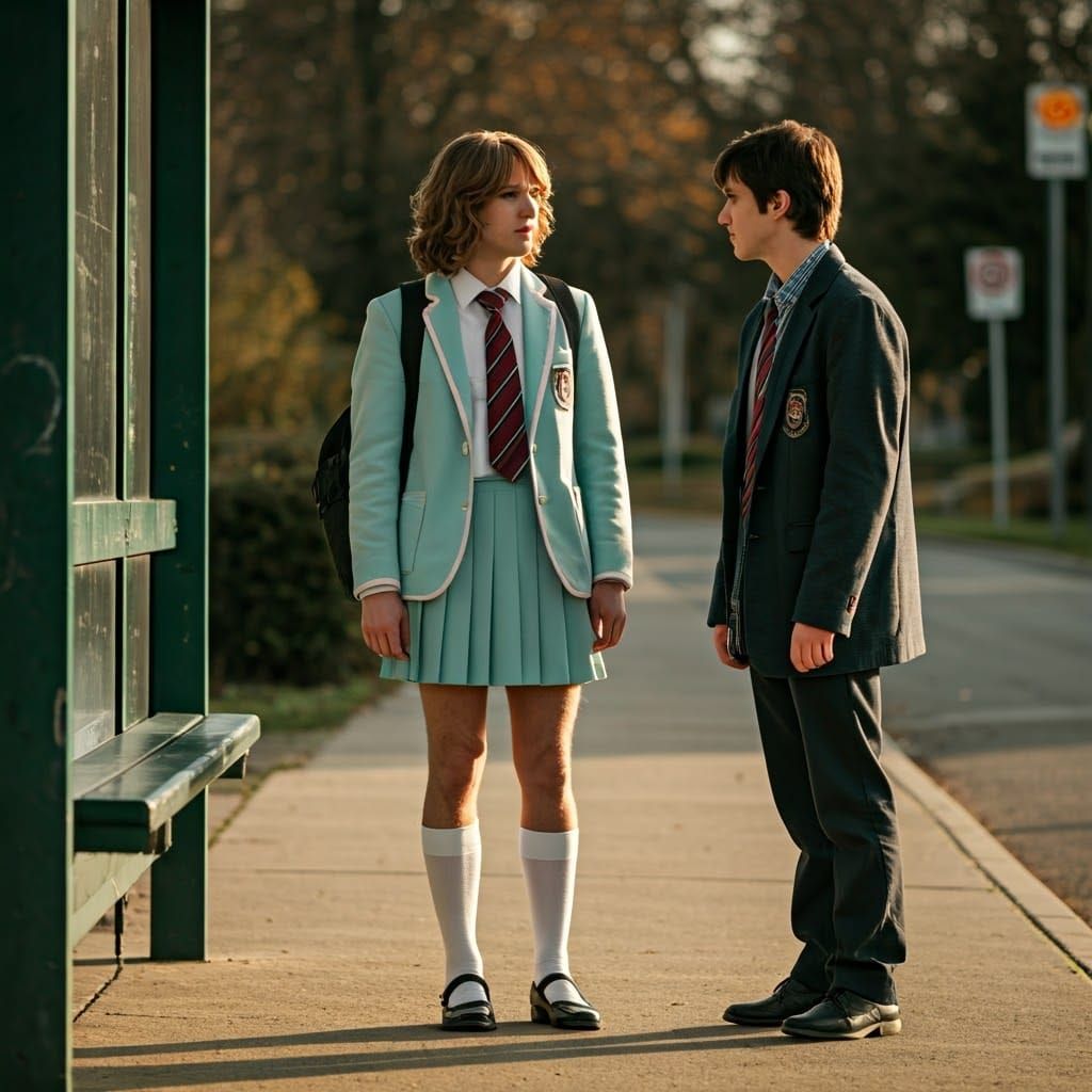 Timid Crossdresser Boy at Bus Stop in Pastel School Uniform