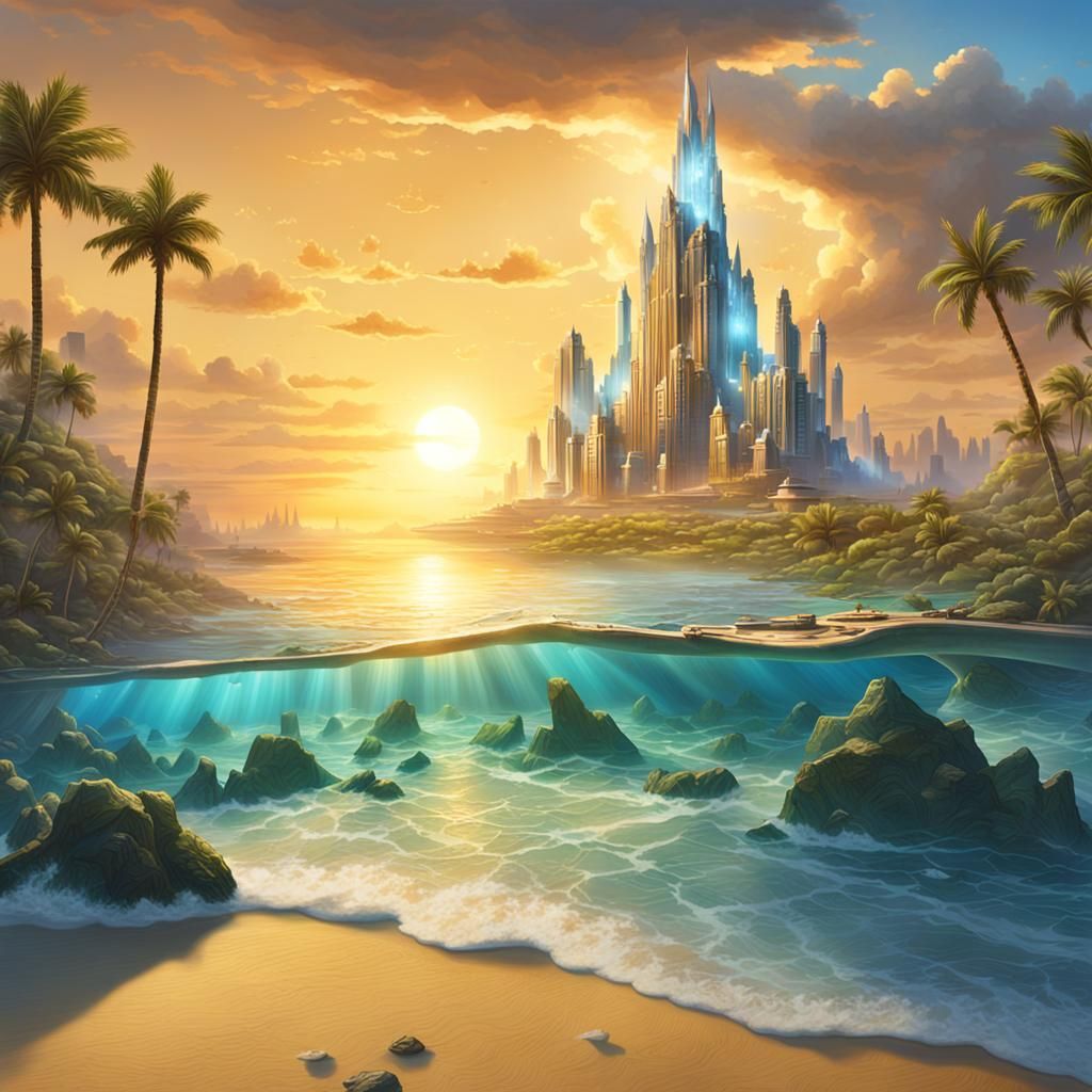 Futuristic Atlantis Sinking into Ocean at Sunset