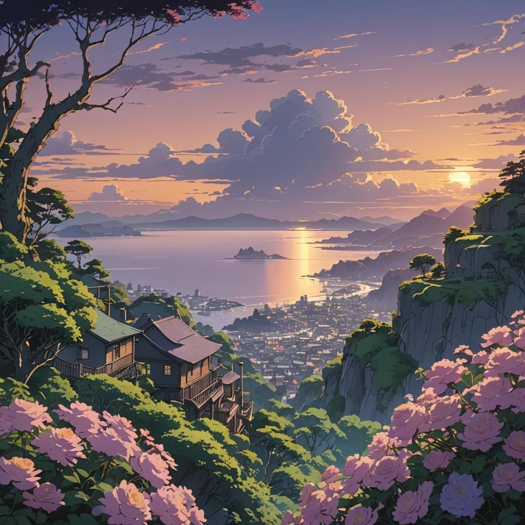 Anime Landscape in Ember Grey and Gold Hues