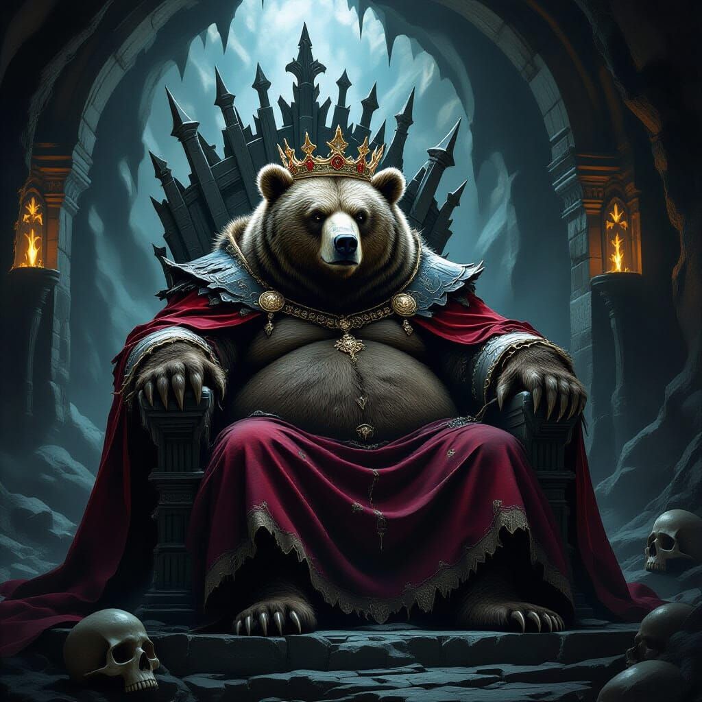 Obese Kodiak Bear King on Bone Throne in Dark Fantasy