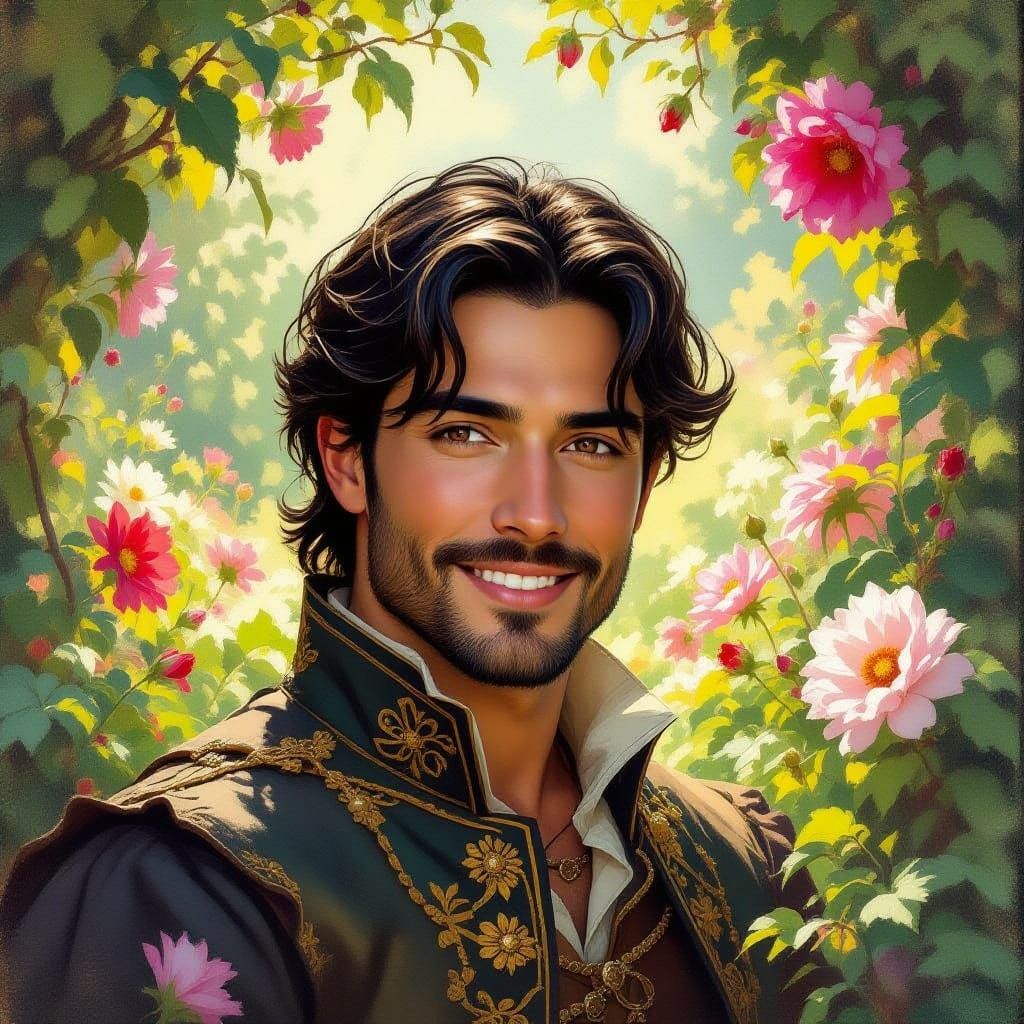 Handsome Man in Medieval Attire in Lush Garden Portrait