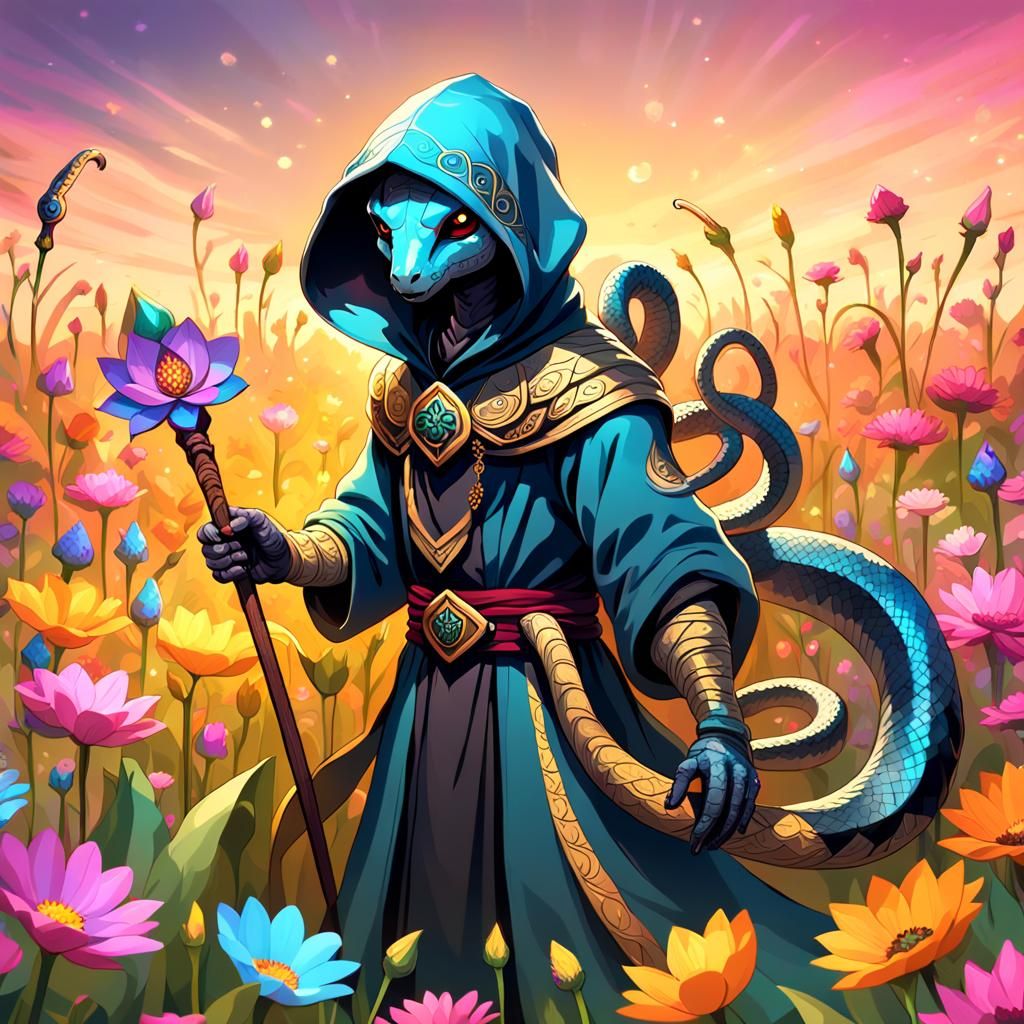 Fantasy Cobra Warrior in Vibrant Floral Field
