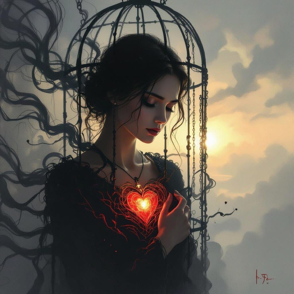 Surreal Woman in Abstract Cage, Symbolizing Past and Future ...