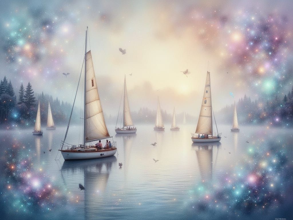 Sailboats on Misty Lake in Impressionist Oil Painting Style