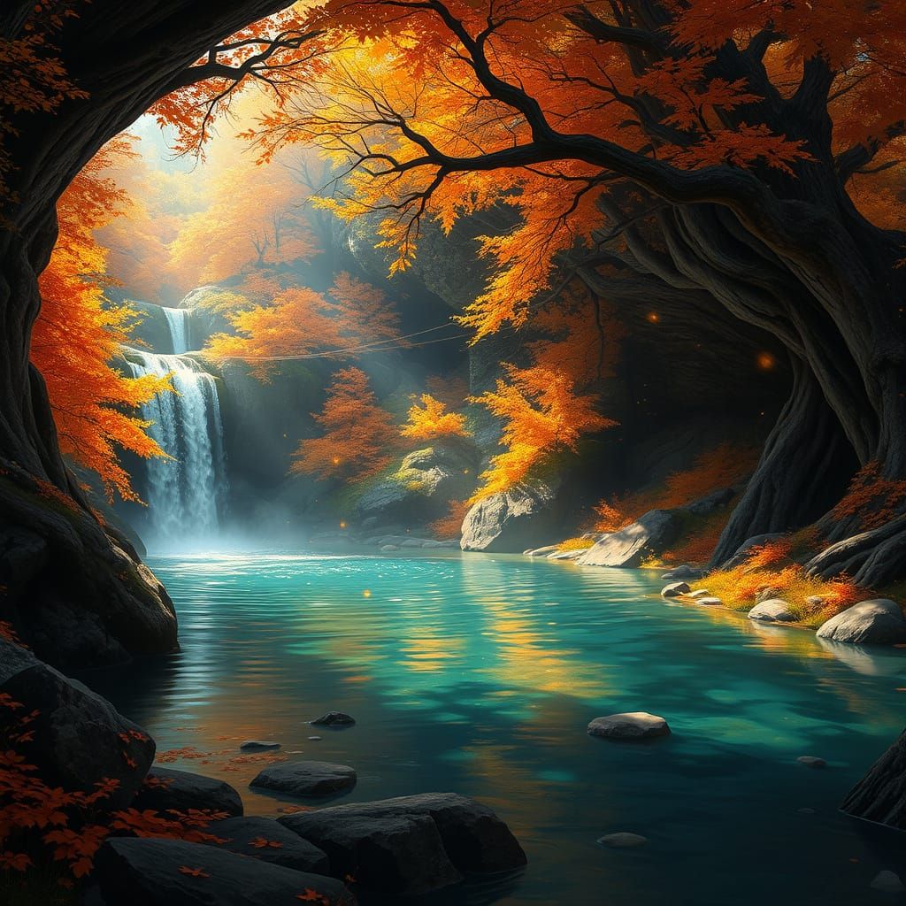 Autumn Grotto Waterfall Serene Pool Concept Art