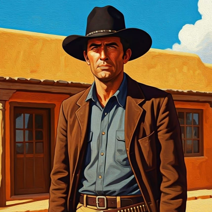 Gunfighter Outside Cantina: Impressionistic Oil Painting