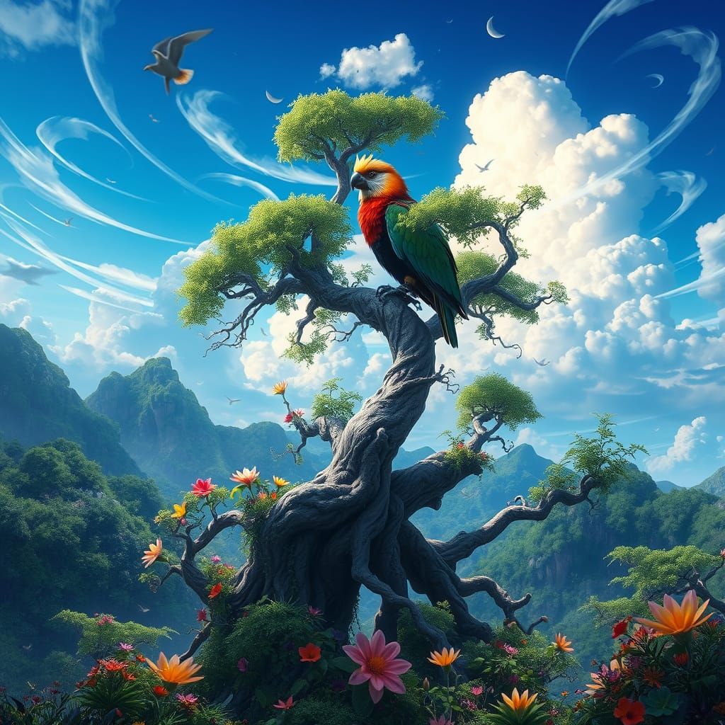 Majestic Feelis Bird Soars in Vibrant Fantasy Landscape