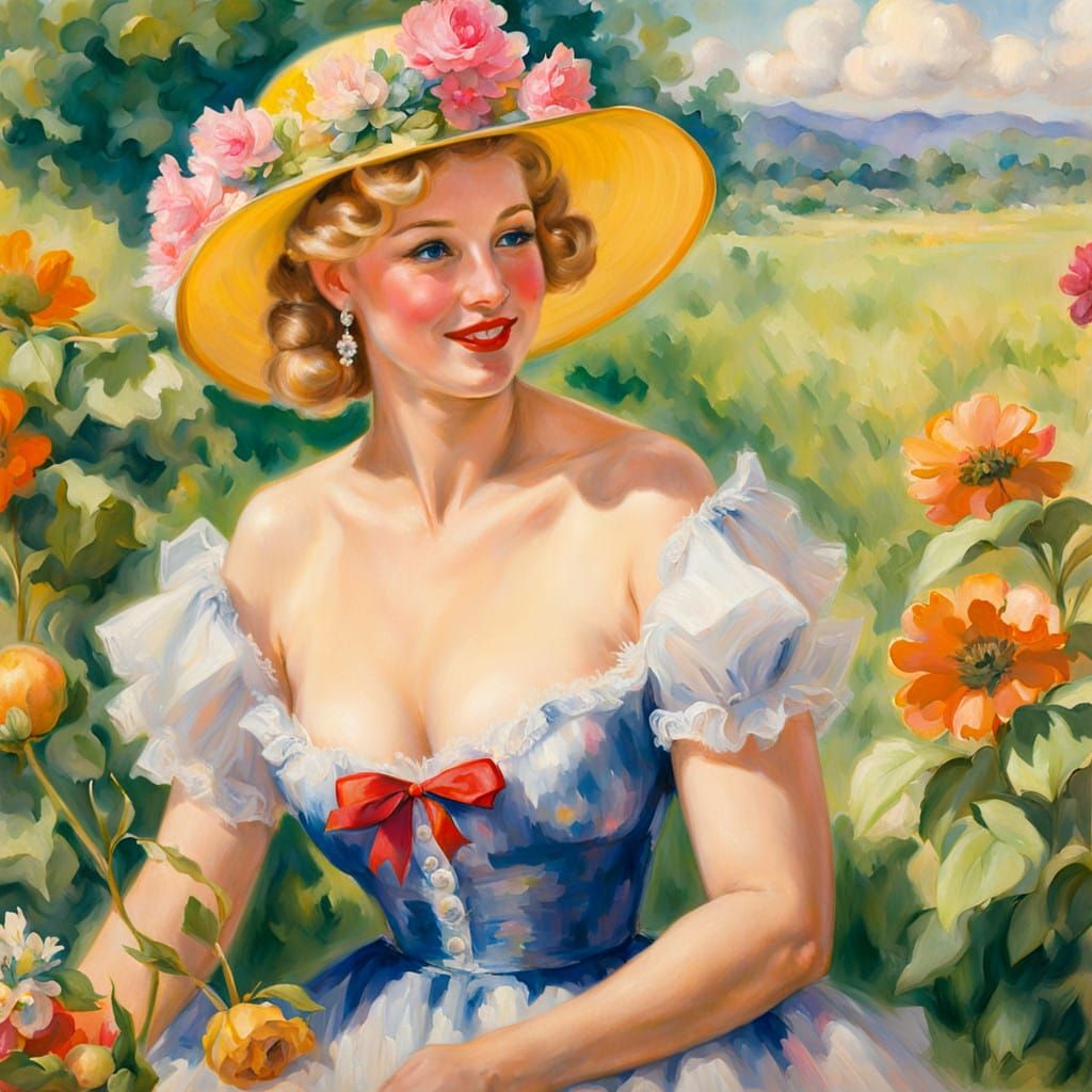 Whimsical Summer Scene of Two Blondes in a Lush Field