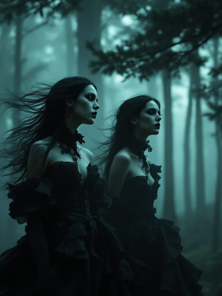 Gothic Women in Twilight Forest, Hyperreal Style