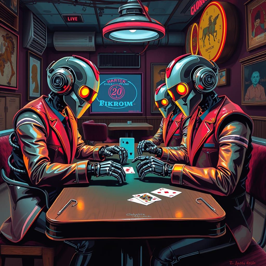 Retro Robots Play Poker in Neon-Lit Backroom
