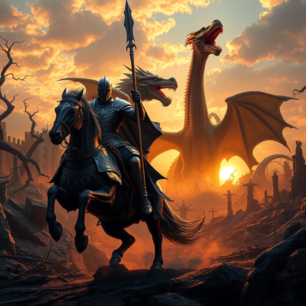 Epic Dragon Knight Engages Fierce Dragon in Mythical Battle