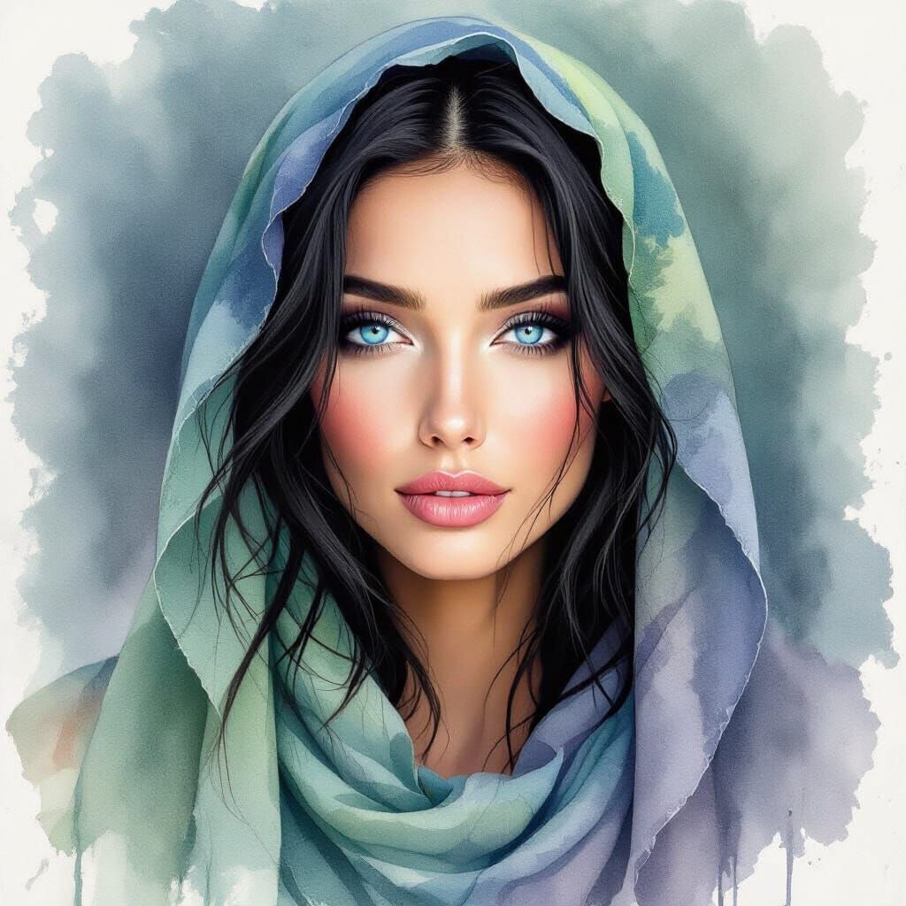 Captivating Woman in Watercolor with Tie-Dye Scarf