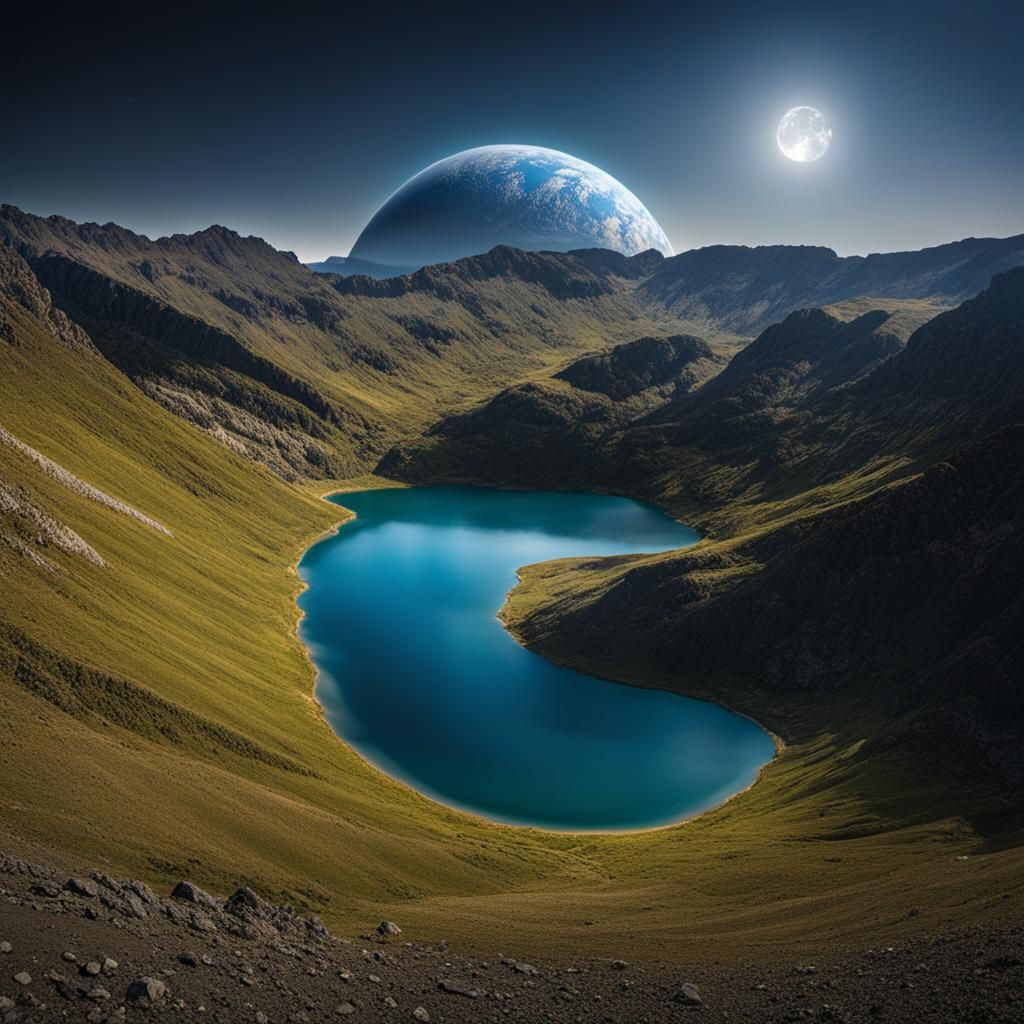 Futuristic Spaceship Over Water with Distant Planets