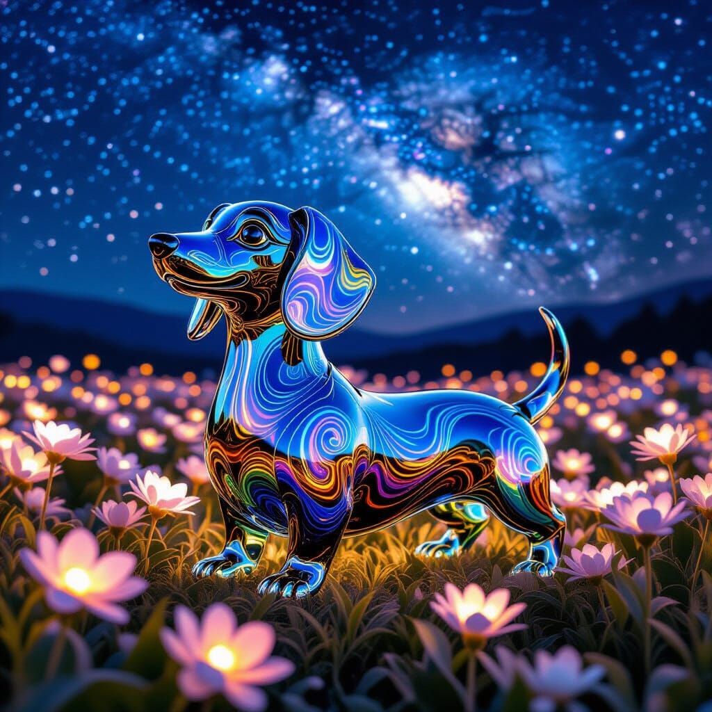 Glass Dachshund Sculpture in Bioluminescent Field