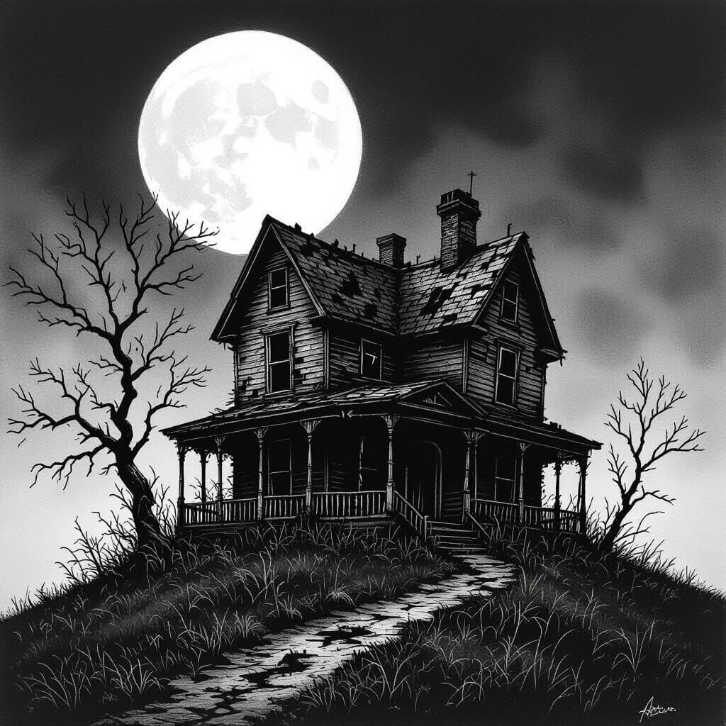Haunted House Pencil Drawing Under Full Moon