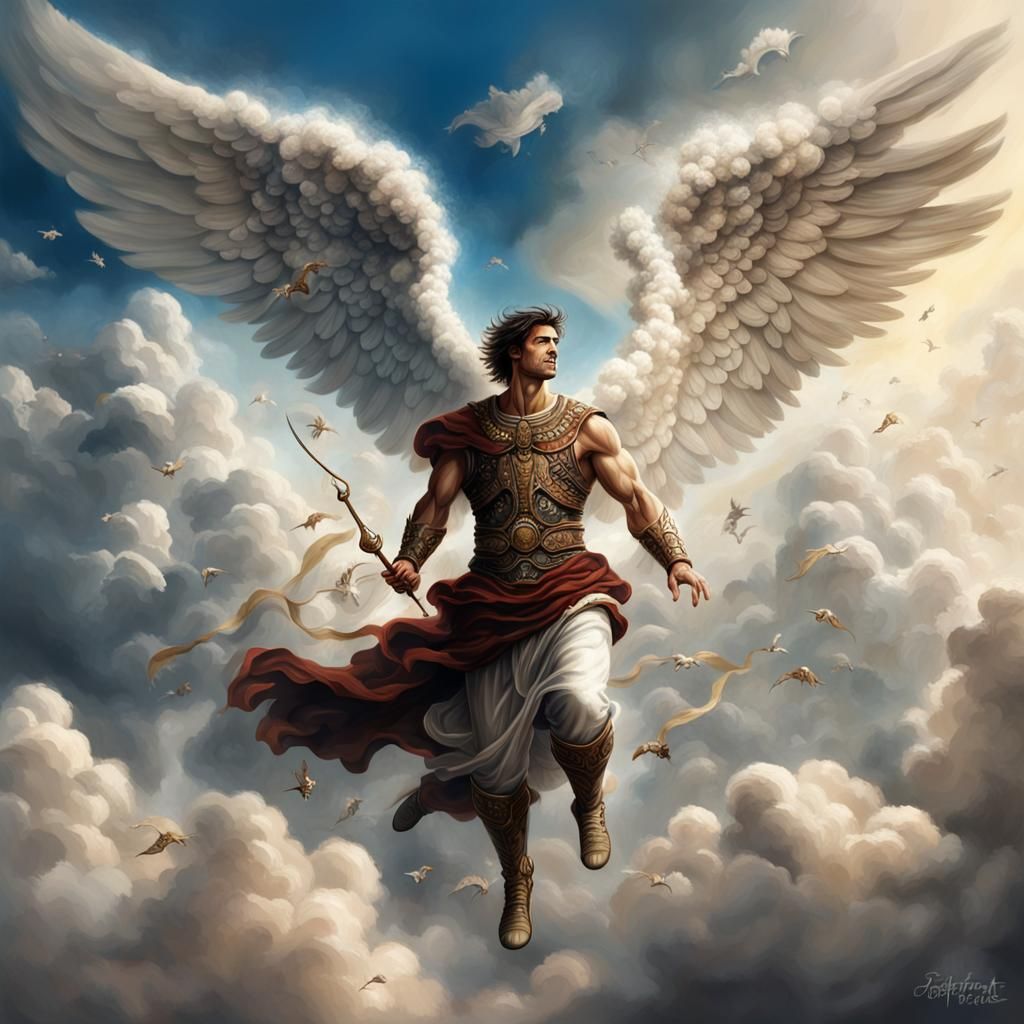Detailed Drawing of Muscular Angel Flying in Clouds