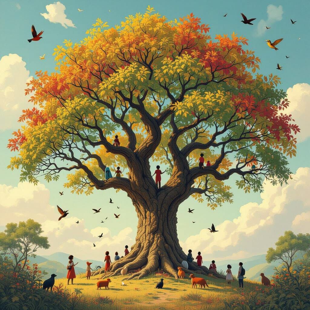Vibrant Tree of Life with Animals in Whimsical Style