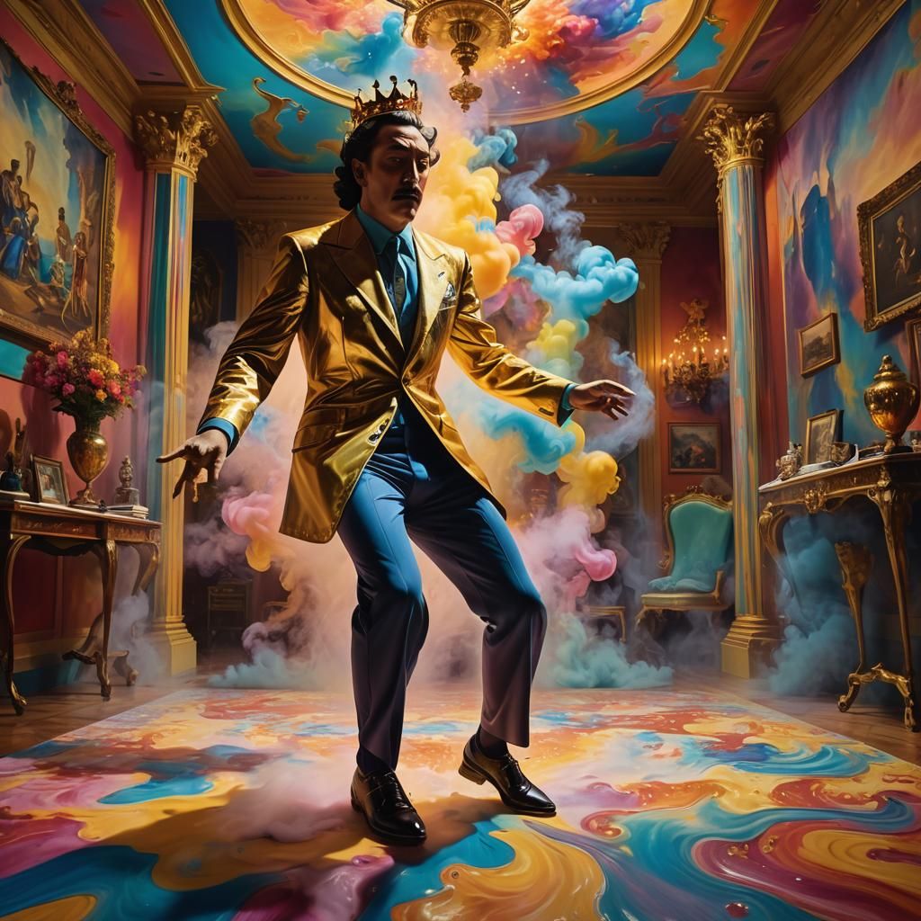 Surreal King Dancing in Dreamlike Room
