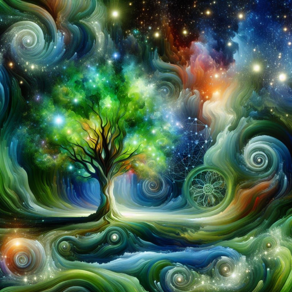 Dreamlike Tree Painting Under a Starry Night Sky